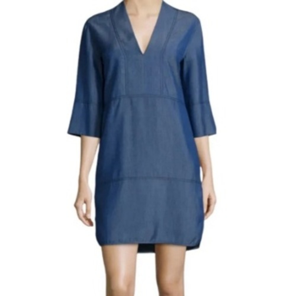 VINCE Women's XS Blue Lyocell V-Neck Shift Mini Dress‎ 3/4 Sleeve Pockets